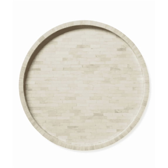 Bone Inlay Serving Tray – Monochromatic Ivory Off-White, Round Shape with Seamless Brick-like Pattern, Slightly Raised Edge, Perfect for Modern Decor