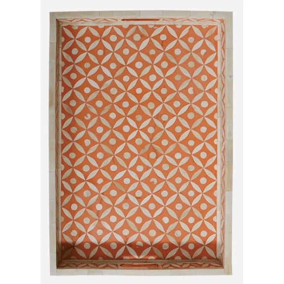 Bone Inlay Serving Tray, Orange & Cream Geometric Leaf Pattern, Rectangle Decorative Tray with Handles, Modern Glossy Tabletop Organizer
