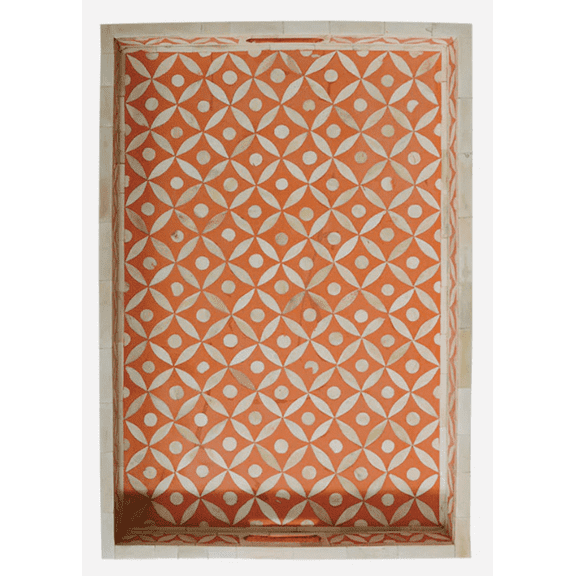 RUDRAKSHA CORPORATION Bone Inlay Tray Orange Cream Geometric Leaf Design Rectangular Decorative Organizer