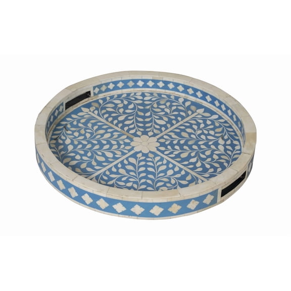 Bone Inlay Serving Tray – Sky Blue with White Floral Vine Motif, Circular Shape, Raised Edge with Diamond & Cross Border, Perfect for Serving or Decor