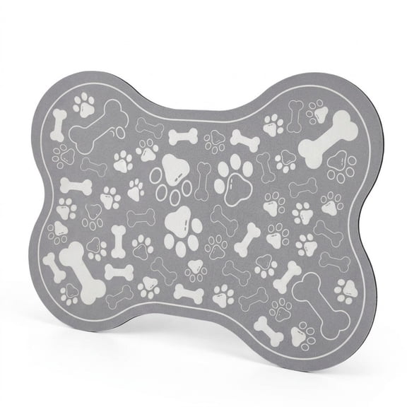 Bone Shaped Pet Mat, Quick Absorb Waterproof Cat Dog Feeding Placemat with Non Slip Rubber Backing, Durable Stain Resistant Floor Protector for Indoor Pets, Grey, 12x18 Inches