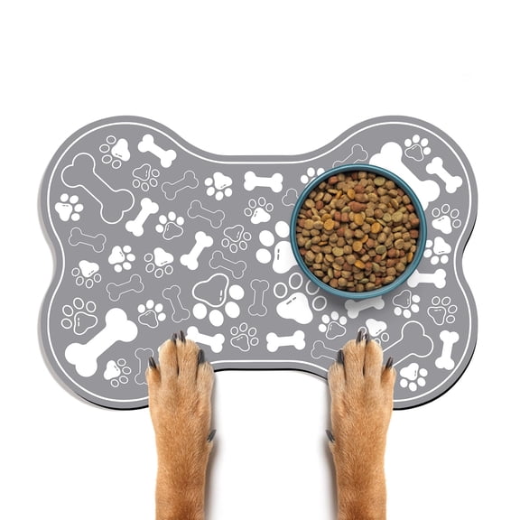 Bone Shaped Pet Mat, Quick Absorb Waterproof Cat Dog Feeding Placemat with Non Slip Rubber Backing, Durable Stain Resistant Floor Protector for Indoor Pets, Grey, 12x18 Inches