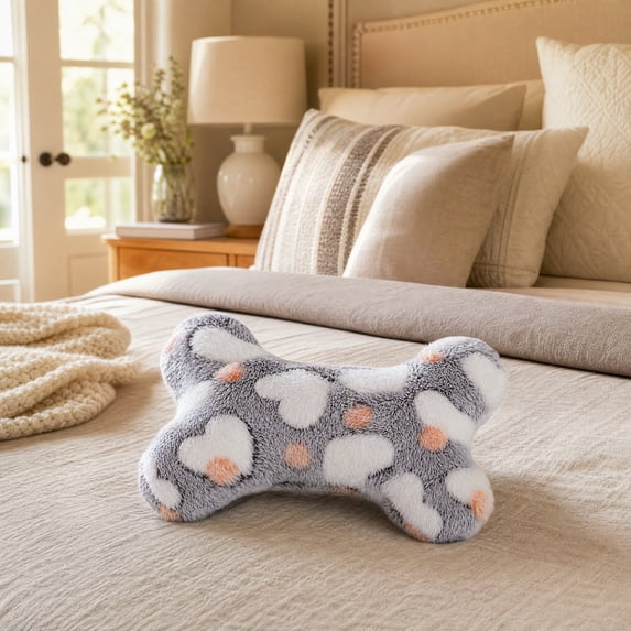 Bone-Shaped Pet Pillow for Small Dogs and Cats, Curved Neck Support Cushion, Soft Flannel Fabric, Washable, Cute Star Heart Paw Print Designs, Compact Travel Size, Cozy and Soft