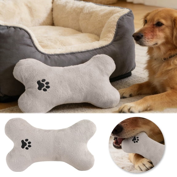 Bone-Shaped Plush Toy for Small & Medium Dogs, Chew-Resistant Soft Plush Pillow for Indoor Play & Rest, Embroidered Design, 8.56 Inch,Grey