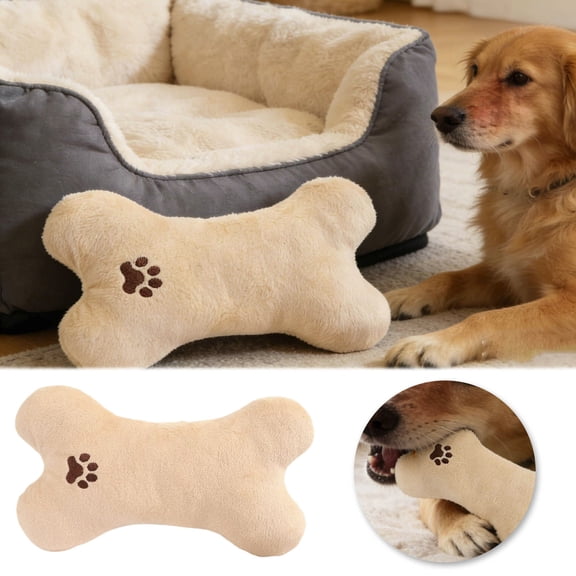 Bone-Shaped Plush Toy for Small & Medium Dogs, Chew-Resistant Soft Plush Pillow for Indoor Play & Rest, Embroidered Design, 8.56 Inch,White