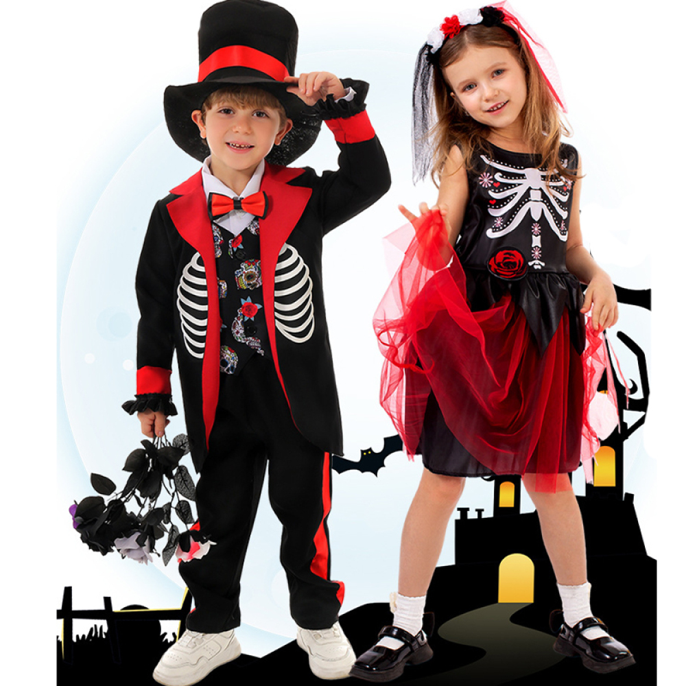 Day Of The Dead Skelett-Kostüm Für Kinder – Größe 11-13 Jahre, Schwarz/Weiß, Inkl. Mantel, Hemd & Hut