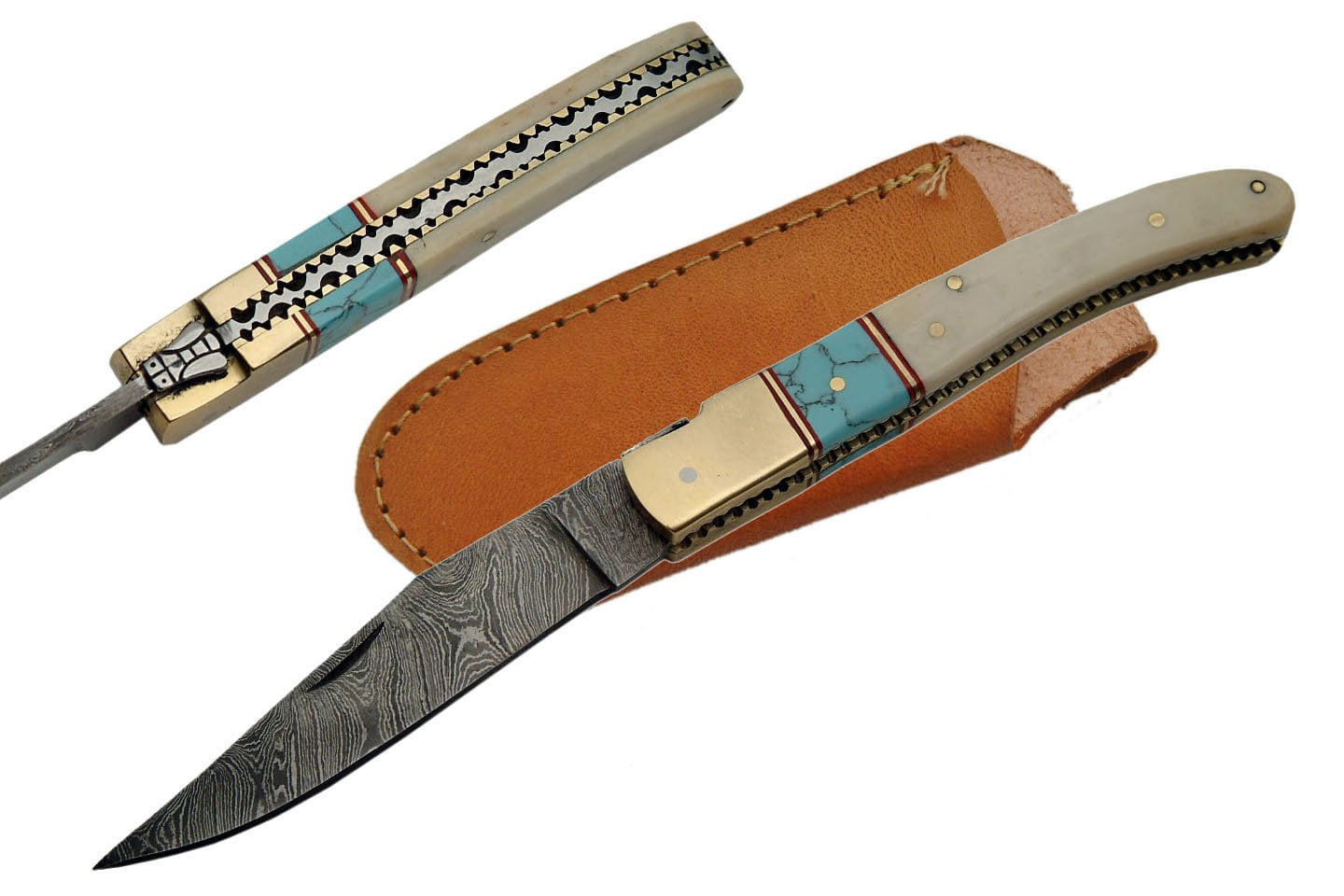 SANZ 4.5\" Bone & Turquoise Folding Knife with 4\" Damascus Blade, Brass Bolster, Filework & Leather Sheath