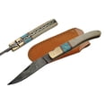 thumbnail image 1 of SANZ 4.5\" Bone & Turquoise Folding Knife with 4\" Damascus Blade, Brass Bolster, Filework & Leather Sheath, 1 of 6