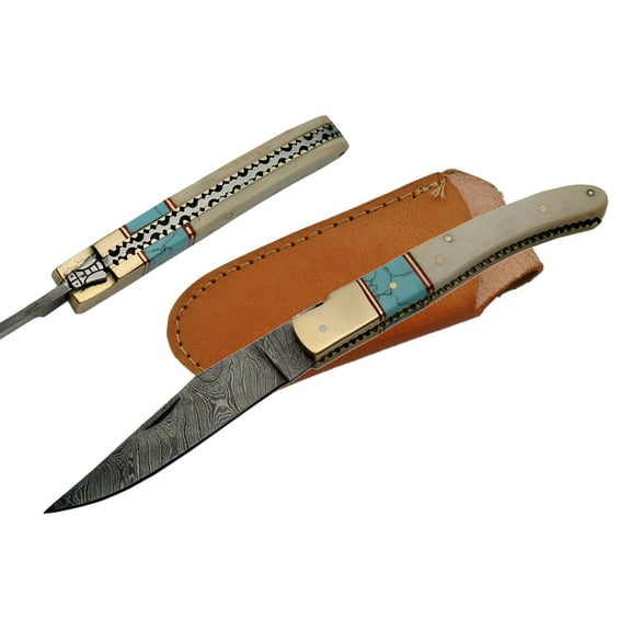 SANZ 4.5" Bone & Turquoise Folding Knife with 4" Damascus Blade, Brass Bolster, Filework & Leather Sheath