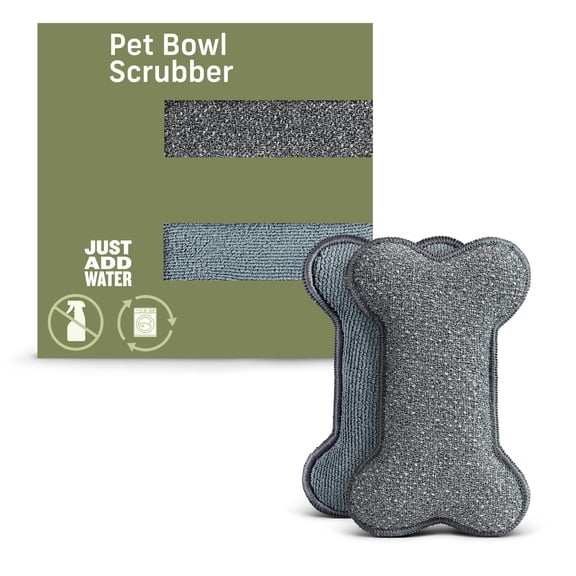 Bone-shaped pet bowl scrubber, reusable, deep-cleans slimy/greasy bowls without detergent. Textured & soft sides, 100-wash guarantee. 2-pack, gray.