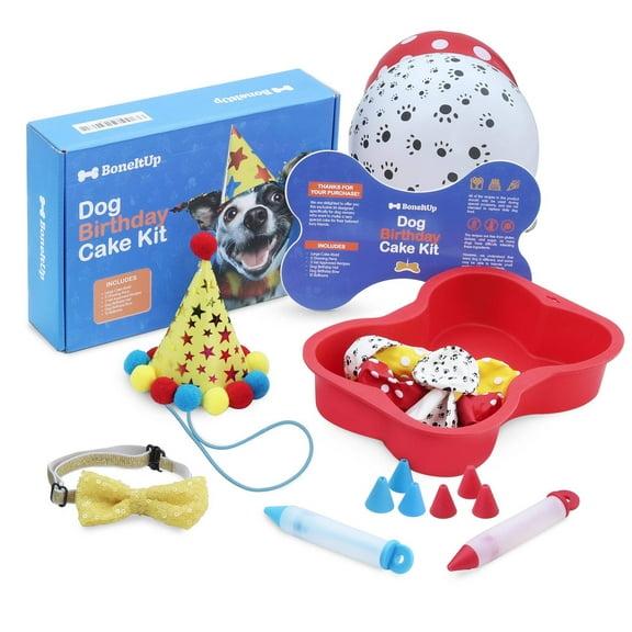 BoneItUp Dog Birthday Cake Kit – Dog Party Supplies — Bake Healthy Birthday Cakes for Dogs w/ Molds at Home — Vet-Backed Cake Recipes, Drawing Pens & Balloons