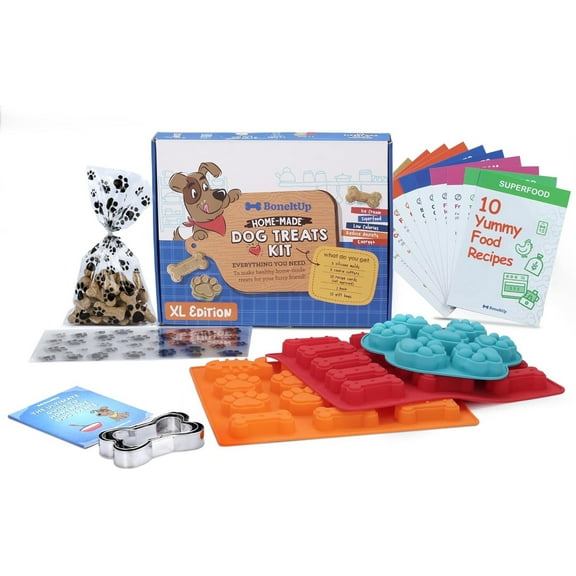 BoneItUp Homemade Dog Treat Mix – DIY Dog Treat Kit with Silicone Molds, Cookie Cutters, Recipe Book & Gift Bags – Bake Fresh Treats at Home, XL for Big Dogs