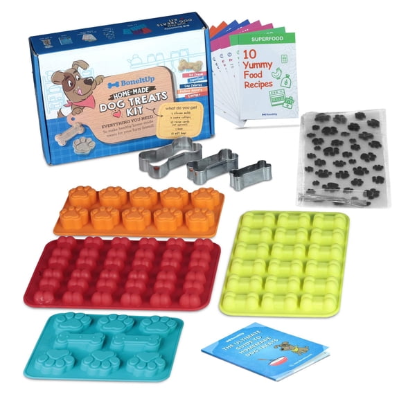 BoneItUp Dog Treat Making Kit – All-in-One DIY Cookie Set with Reusable 4 Silicone Dog Treat Molds, 3 Cookie Cutters, 10 Recipes & Gift Bags – Make Healthy Homemade Treats for Dogs