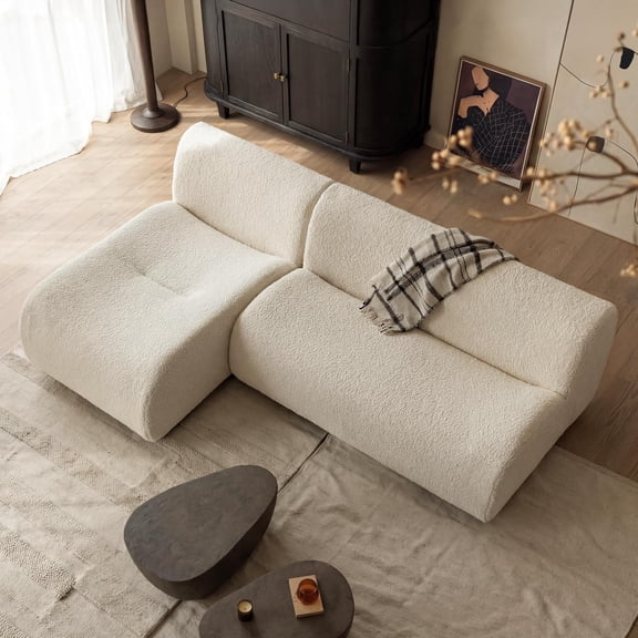 Boneless 3-Seater Sofa with Chaise, 95" Modular Reversible L-Shaped Sherpa Sectional Couch, Curved Design No Assembly for Living Room Apartment White