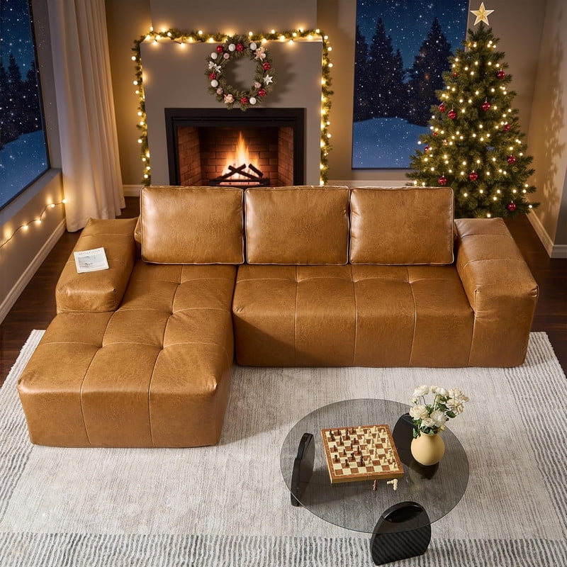 Boneless Brown Faux Leather Cloud Sectional Sofa with Chaise,L Shaped Modular Deep Seat Sofa Couch, No Assembly Required,Left-Hand Facing