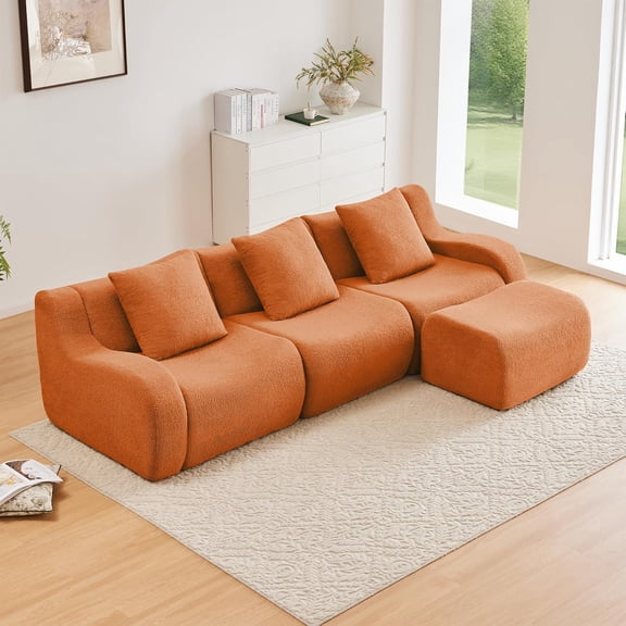 Boneless Cloud Couch Modular Sectional Sofa, 115.3" L Shaped Couch 3 Seater Comfy Teddy Sofa, Deep Seat Sectional Couches for Living Room, Modern Oversized Compressed Sofas No Assembly, Orange