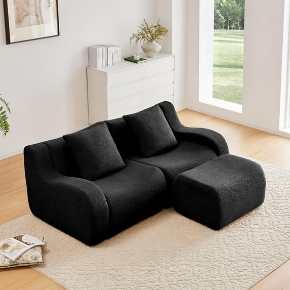 Boneless Cloud Couch Modular Sectional Sofa, L Shaped Couch Teddy Fabric Loveseat Sofa, Deep Seat Sectional Couches for Living Room, Modern Small Couches for Small Space, No Assembly, Black