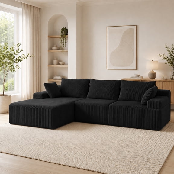 Boneless Couch,108'' Modular Sectional Sofa, Cloud Couch with L-Shape Chaise & Deep Seat, Corduroy Upholstered Living Room Couch,Sectional Couches for Living Room Apartment, Black
