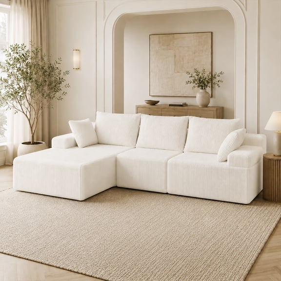 Boneless Couch，108'' Modular Sectional Sofa, Cloud Couch with L-Shape Chaise & Deep Seat, Corduroy Upholstered Living Room Couch,Sectional Couches for Living Room Apartment, Beige