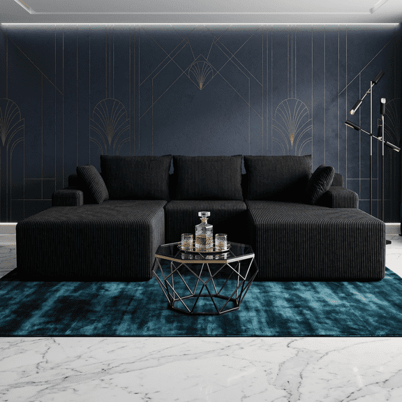 Boneless Couch，108'' Modular Sectional Sofa, Cloud Couch with U-Shape Chaise & Deep Seat, Corduroy Upholstered Living Room Couch,Sectional Couches for Living Room Apartment, Black