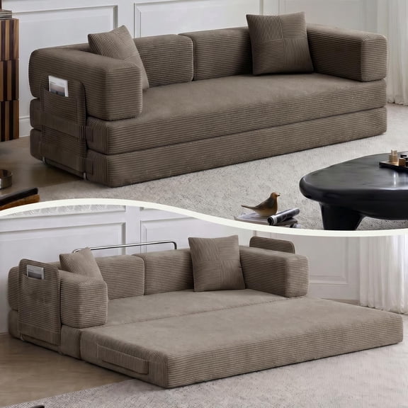 Boneless Couch Bed, Convertible Futon Sleeper Sofa with Reinforced Fixed Strap Support, Deep Seat Comfortable Corduroy Couch, Floor Sofa for Living Room Bedroom