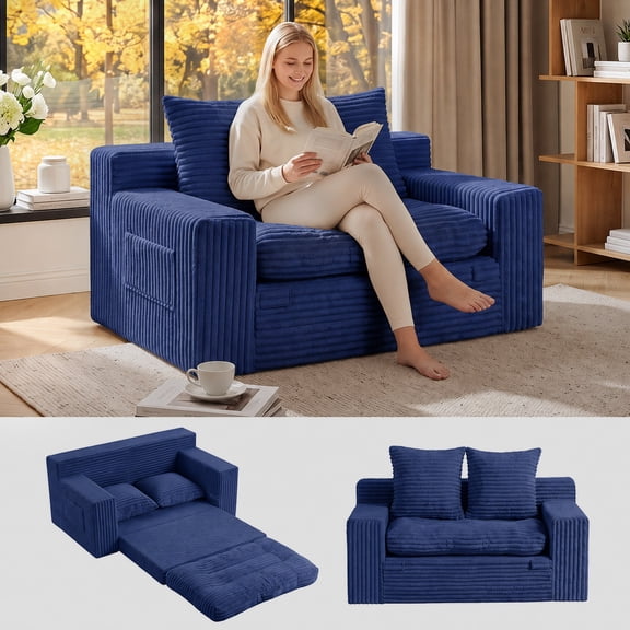 Boneless Couch, Convertible Sofa Bed, Pull Out Couch with Removable Top Cushion, Corduroy Futon,Blue