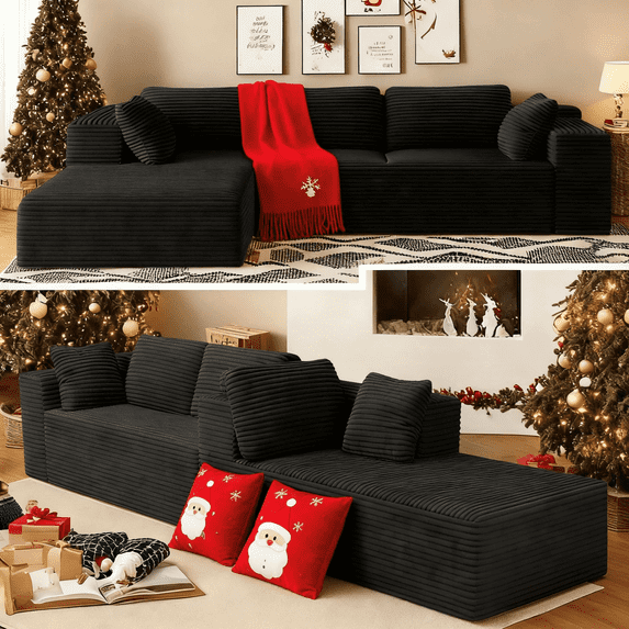 Sofa, Jolifa 105" Modular Sectional Sofa and Couch with Boneless Seat & L-Shaped Chaise, No Assembly Required Modern Sofa for Living Room, Black (Plush Corduroy Fabric)