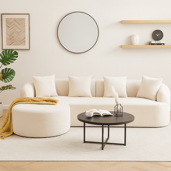 Boneless L-Shape Sectional Sofa with Curved Chaise,Beige White Modular Chenille Compression Couch,30D High-Density Foam,Minimalist Modular Couches Sleeper for Living Room Bedroom Apartment Lounge.
