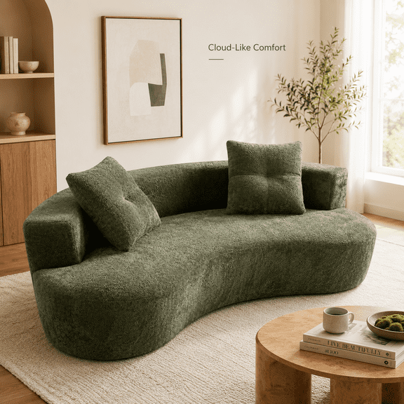Boneless Lounge 79.5" Green Boucle Sofa, 3-Seat Upholstered Floor Couch with Foam Spring Support, 2 Pillows, Compressed No Assembly Design