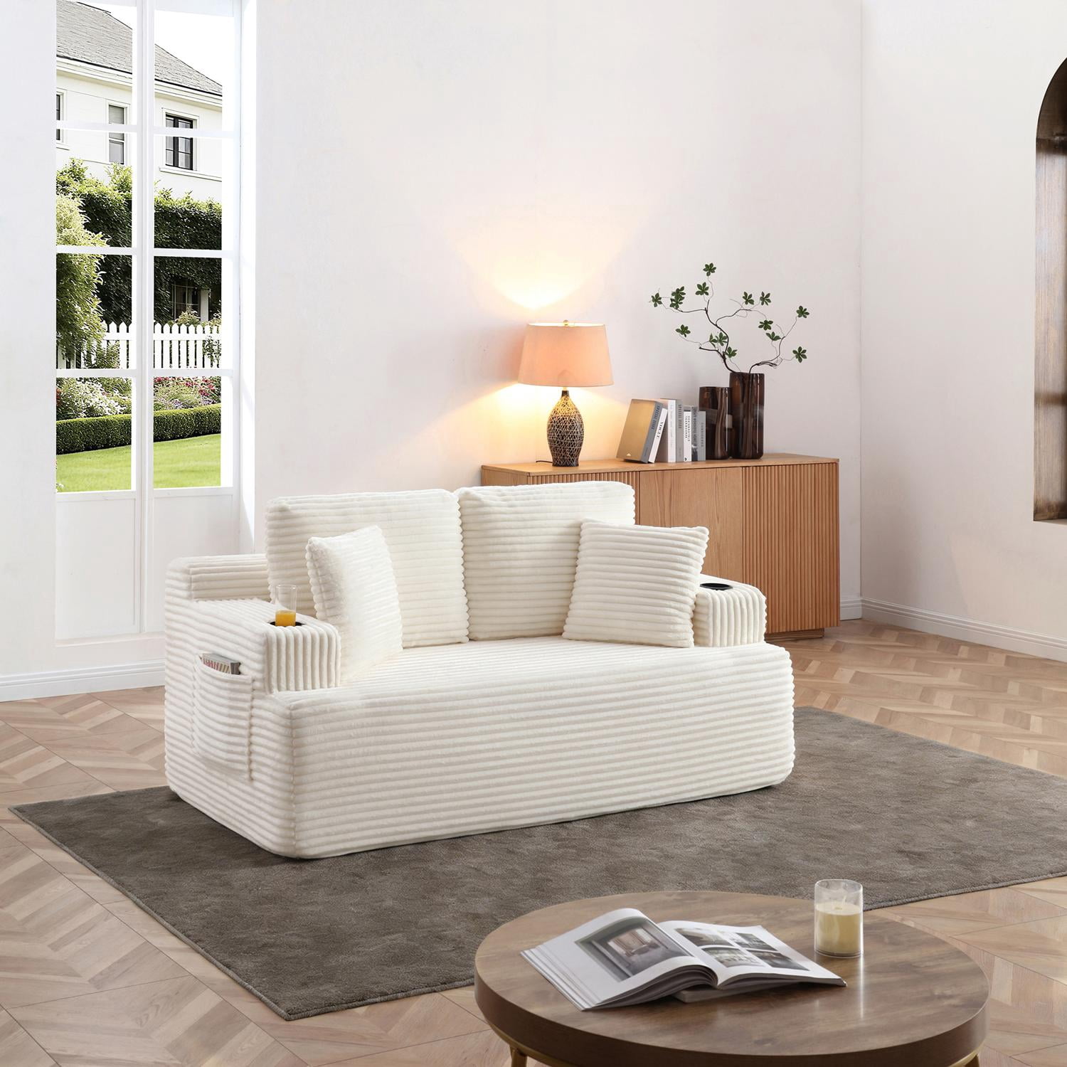 Boneless Loveseat, 2-Seater Floor Couch with Cup Holders and Side Pockets, Corduroy Fabric No Assembly Sofa for Small Space or Apartment, 66.5 Inch, Beige