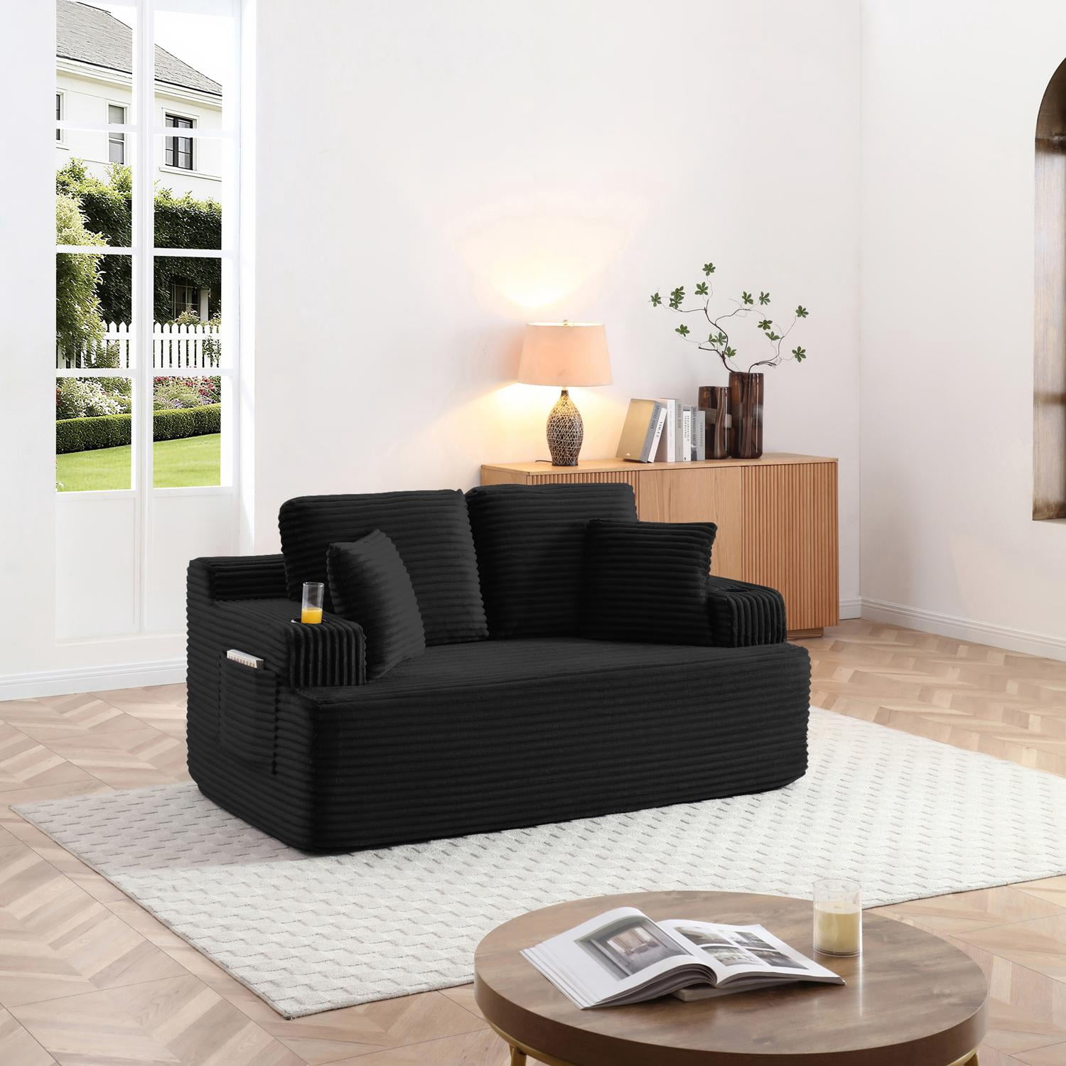 Boneless Loveseat, 2-Seater Floor Couch with Cup Holders and Side Pockets, Corduroy Fabric No Assembly Sofa for Small Space or Apartment, 66.5 Inch, Black