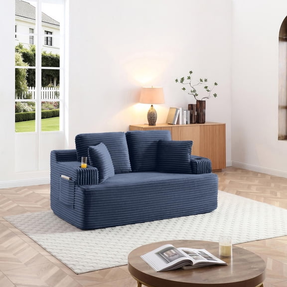 Boneless Loveseat, 2-Seater Floor Couch with Cup Holders and Side Pockets, Corduroy Fabric No Assembly Sofa for Small Space or Apartment, 66.5 Inch, Blue