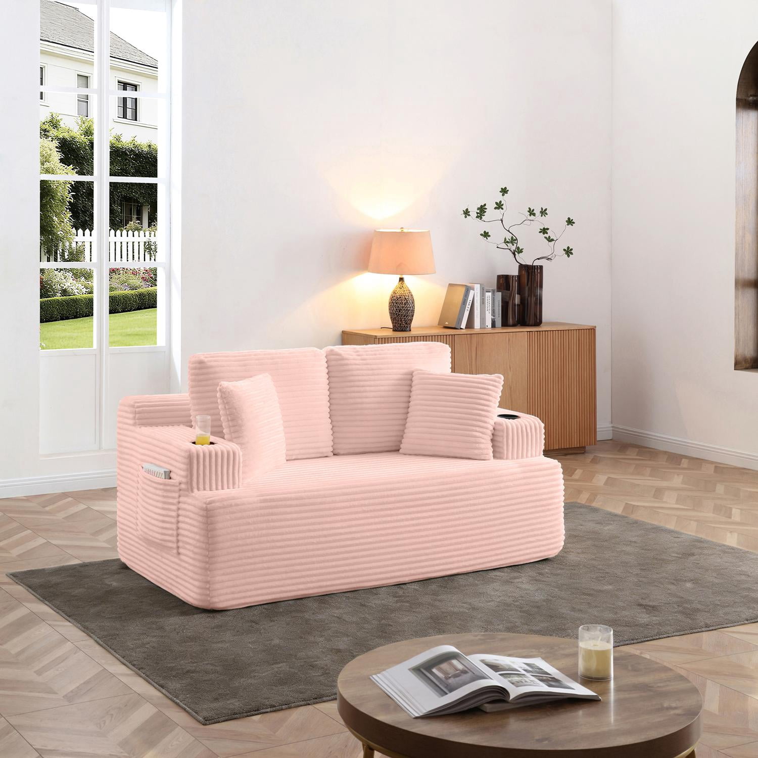 Boneless Loveseat, 2-Seater Floor Couch with Cup Holders and Side Pockets, Corduroy Fabric No Assembly Sofa for Small Space or Apartment, 66.5 Inch, Pink