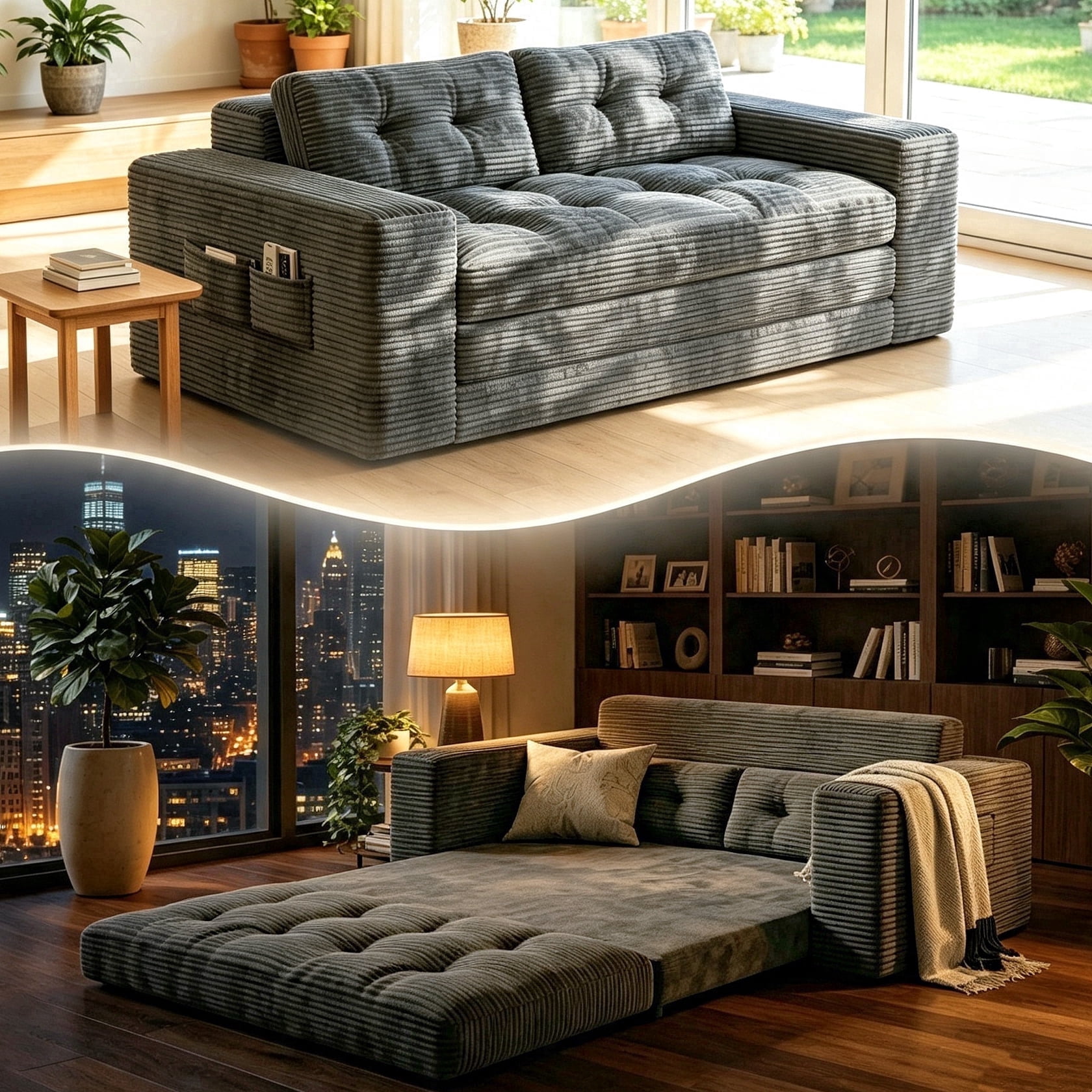 Boneless Loveseat, Lofka 59''Folding Floor Sofa Bed with 2 Pillows & Pockets for Small Spaces, Corduroy Cloud Sofa for Apartment Living Room, Gray