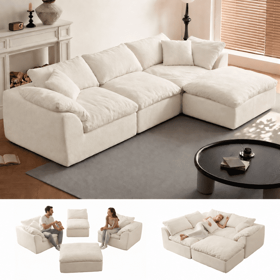 Boneless Modular Sectional Cloud Couch, Compressed Sofa in a Box with Deep Seat & Oversized Chaise, L-Shaped Chenille Sofa for Living Room(White)
