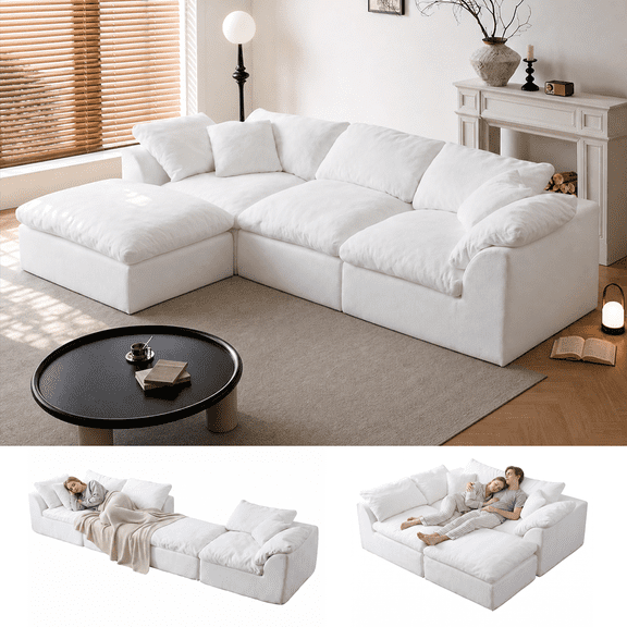 Boneless Modular Sectional Cloud Couch, Compressed Sofa in a Box with Deep Seat & Oversized Chaise, L-Shaped Chenille Sofa for Living Room(White)