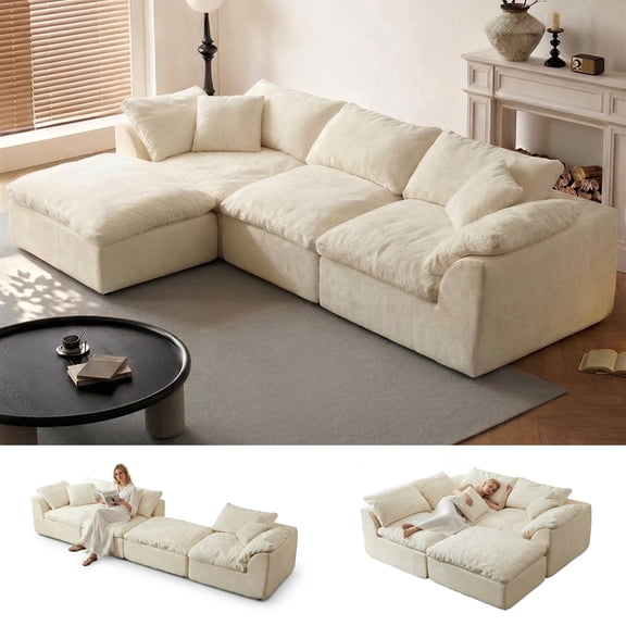 Boneless Modular Sectional Cloud Couch, Compressed Sofa in a Box with Deep Seat & Oversized Chaise, L-Shaped Chenille Sofa for Living Room