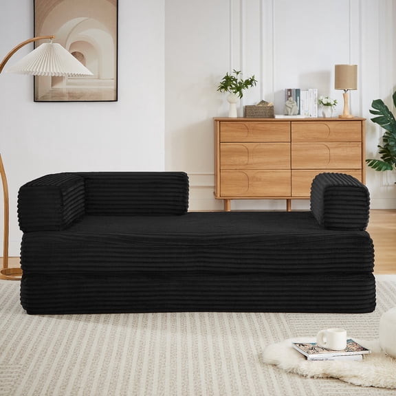 Boneless Modular Sectional Cloud Loveseat Sofa Couch, 2 in 1 Modern Corduroy Sofa Couch Convertible Futon Bed Pull Out Couch for Living Room, Apartment, No Assembly Required, Black