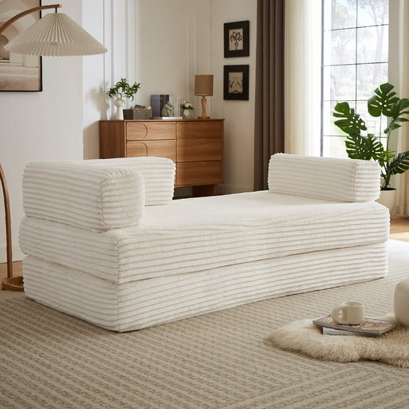 Boneless Modular Sectional Cloud Loveseat Sofa Couch, 2 in 1 Modern Corduroy Sofa Couch Convertible Futon Bed Pull Out Couch for Living Room, Apartment, No Assembly Required, Beige