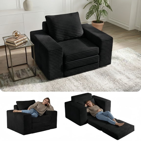 Boneless No Assembly Single Wide Arm Sofa, Memory Foam Convertible Sleeper Chaise Lounge Couch, Accent Chair Sofa Bed