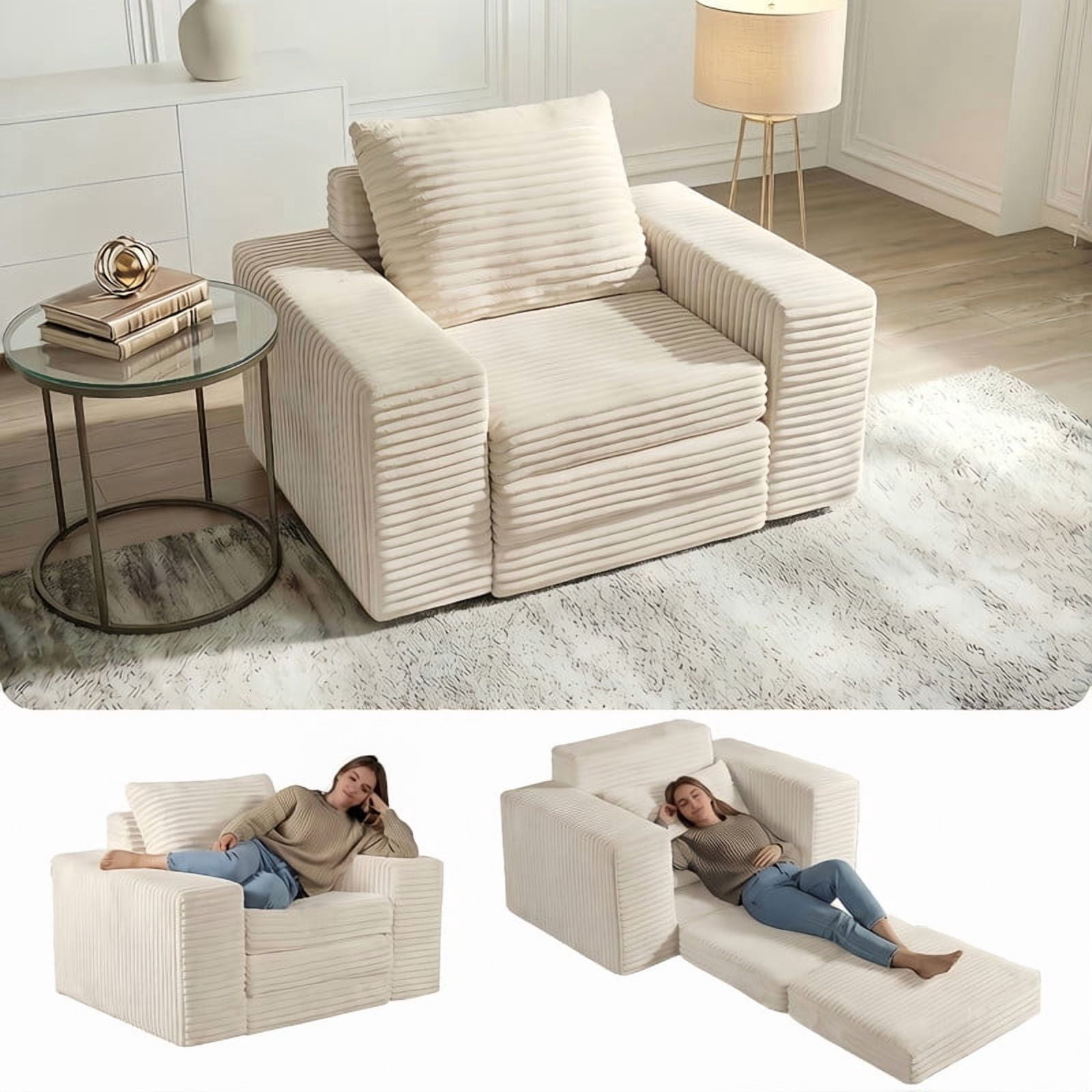 Boneless No Assembly Single Wide Arm Sofa, Memory Foam Convertible Sleeper Chaise Lounge Couch, Accent Chair Sofa Bed