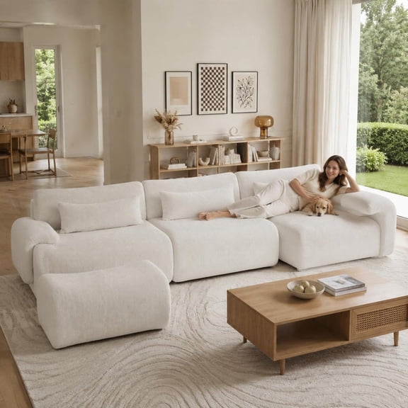 Boneless Sofa, 3-Seat with Chaise, Anti-Slip Design, No Assembly Required, Curved Armrests, Streamlined Design, 32D High-Density Sponge, Grey, for Living Room & Bedroom