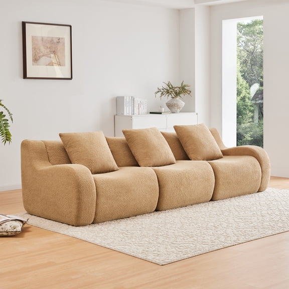 Boneless Sofa 3 Seat High-Quality Teddy Fabric, Anti-Slip No Assembly, Curved Armrests Streamlined Design, 32D High Density Sponge, for Living Room Bedroom Reading Nook, Camel