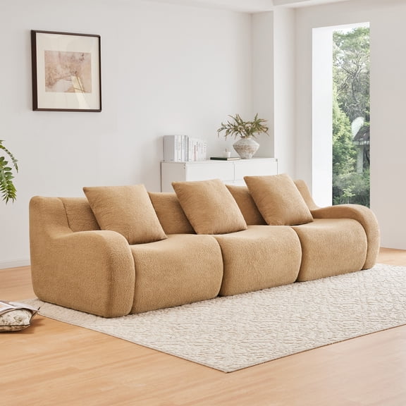 Boneless Sofa, 3 Seat High-Quality Teddy Fabric, Anti-Slip Design, No Assembly Curved Armrests Streamlined Design, 32D High Density Sponge for Living Rooms Bedrooms Reading Nook (Camel)