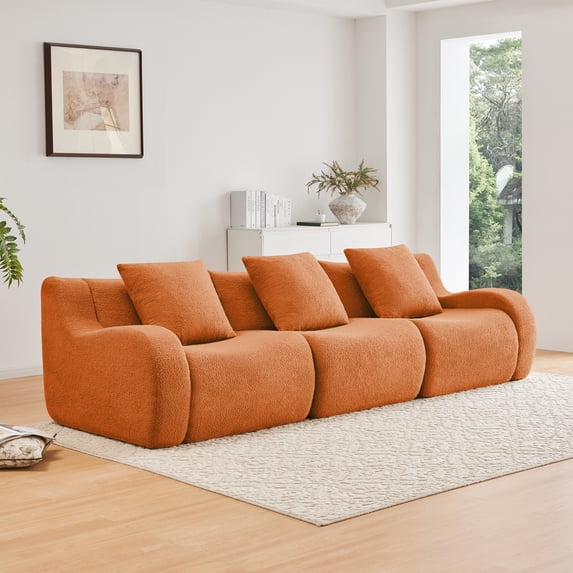 Boneless Sofa,3 Seat High-Quality Teddy Fabric,Anti-Slip Design,No Assembly Curved Armrests Streamlined,32D High Density Sponge For Living Rooms Bedrooms Reading Nook,Orange