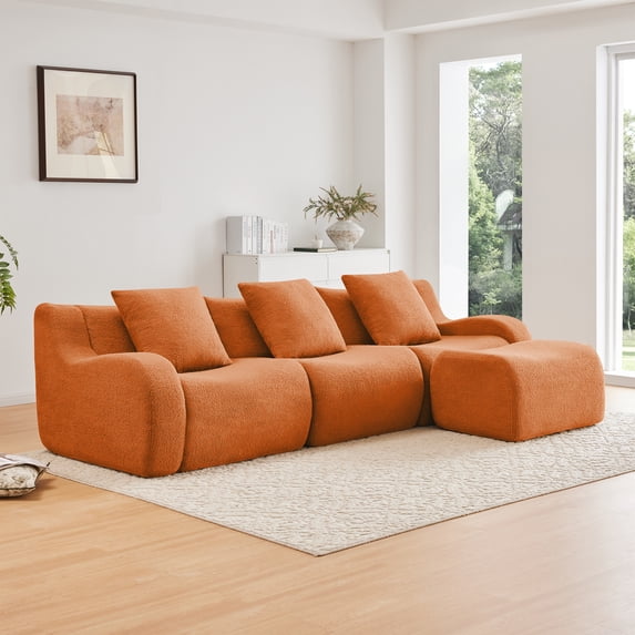 Boneless Sofa,3 Seat High-Quality Teddy Fabric,Anti-Slip Design,No Assembly Curved Armrests Streamlined Design,Assembly Chaise 32D High Density Sponge For Living Rooms Bedrooms,Orange
