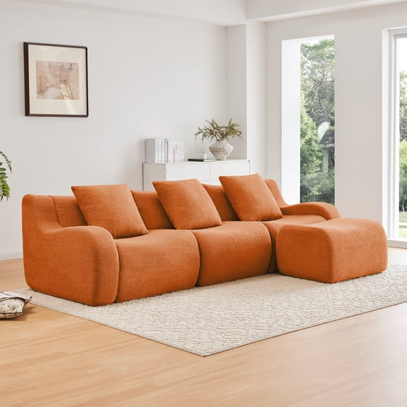 Boneless Sofa,3 Seat High-Quality Teddy Fabric,Anti-Slip Design,No Assembly Curved Armrests Streamlined Design,Assembly Chaise 32D High Density Sponge For Living Rooms Bedrooms,Orange