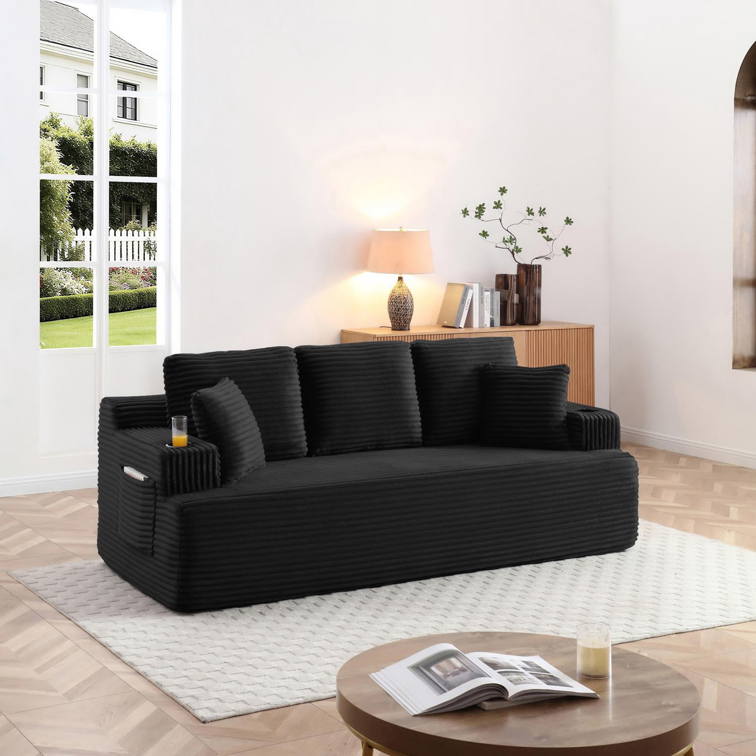 Boneless Sofa, 3-Seater Floor Couch with Cup Holders and Side Pockets, Corduroy Fabric No Assembly Sofa for Living Room or Dorm, 86.2 Inch, Black