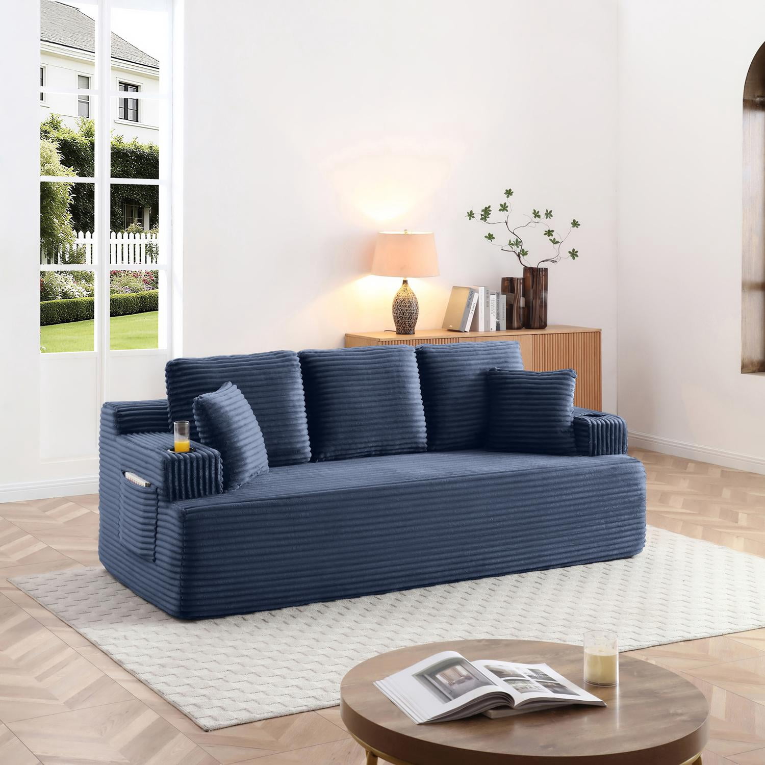 Boneless Sofa, 3-Seater Floor Couch with Cup Holders and Side Pockets, Corduroy Fabric No Assembly Sofa for Living Room or Dorm, 86.2 Inch, Blue