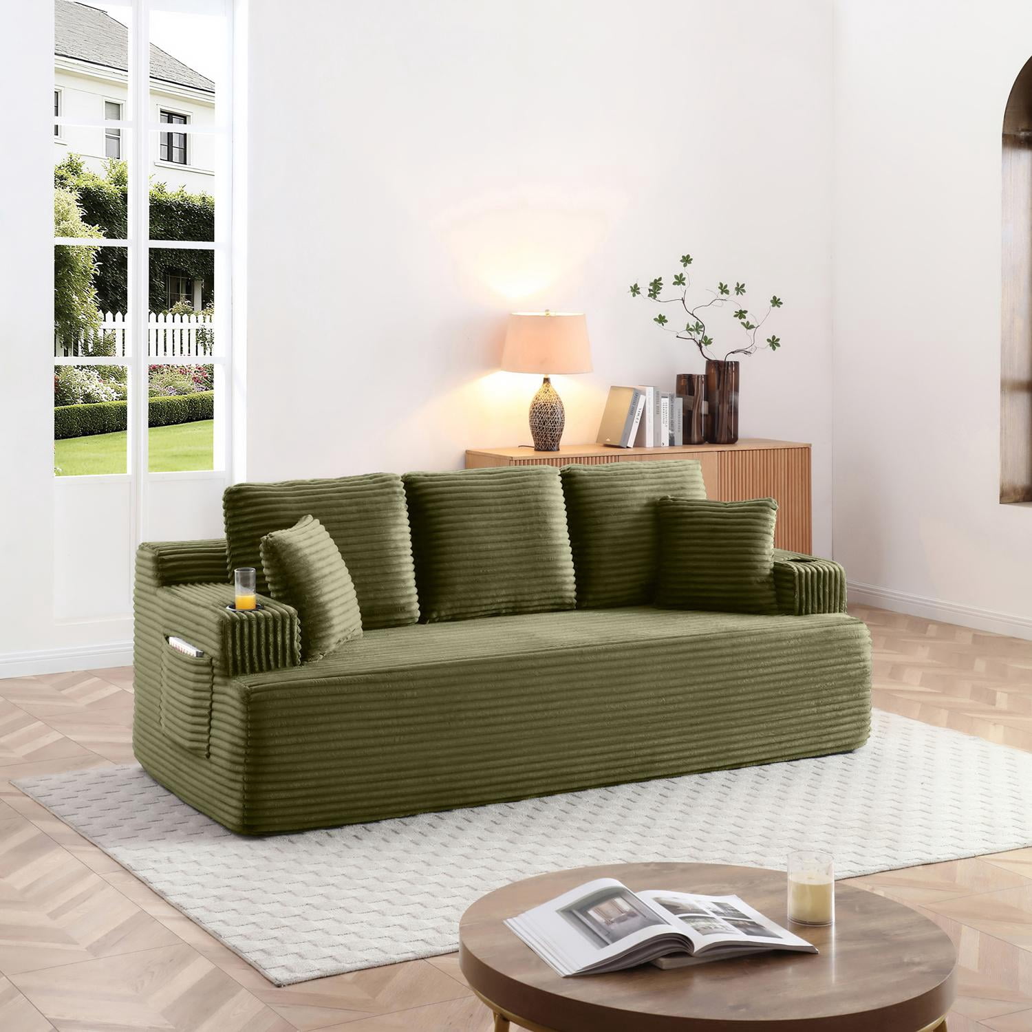 Boneless Sofa, 3-Seater Floor Couch with Cup Holders and Side Pockets, Corduroy Fabric No Assembly Sofa for Living Room or Dorm, 86.2 Inch, Green